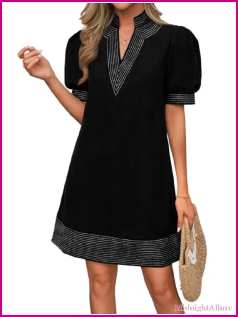 Womens Summer V Neck Puff Short Sleeve Boho Mini Shift Dress Pockets